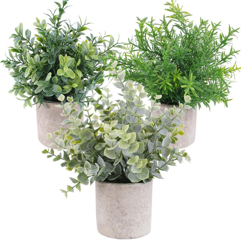 OUTLEE 3 Pack Mini Artificial Potted Plants Faux Eucalyptus Plants Boxwood Rosemary Greenery in Pots Small Houseplants for Home Decor Office Desk Shower Room Decoration - Image 1